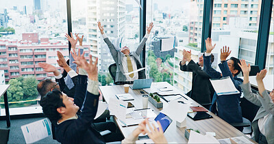 Buy stock photo Applause, celebration and business people in meeting, achievement and cooperation. Employees, Japan or group clapping with success, excited and cheering for victory or positive feedback in office