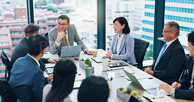 Buy stock photo Employees, finance and office meeting for review, communication and teamwork in Japan. Business people, investment report and workplace for briefing, revenue project and brainstorming development