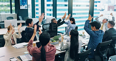 Buy stock photo Applause, celebration and business people in meeting, success and cooperation. Employees, Japan or group clapping with achievement, kpi target or cheering for victory or positive feedback in office