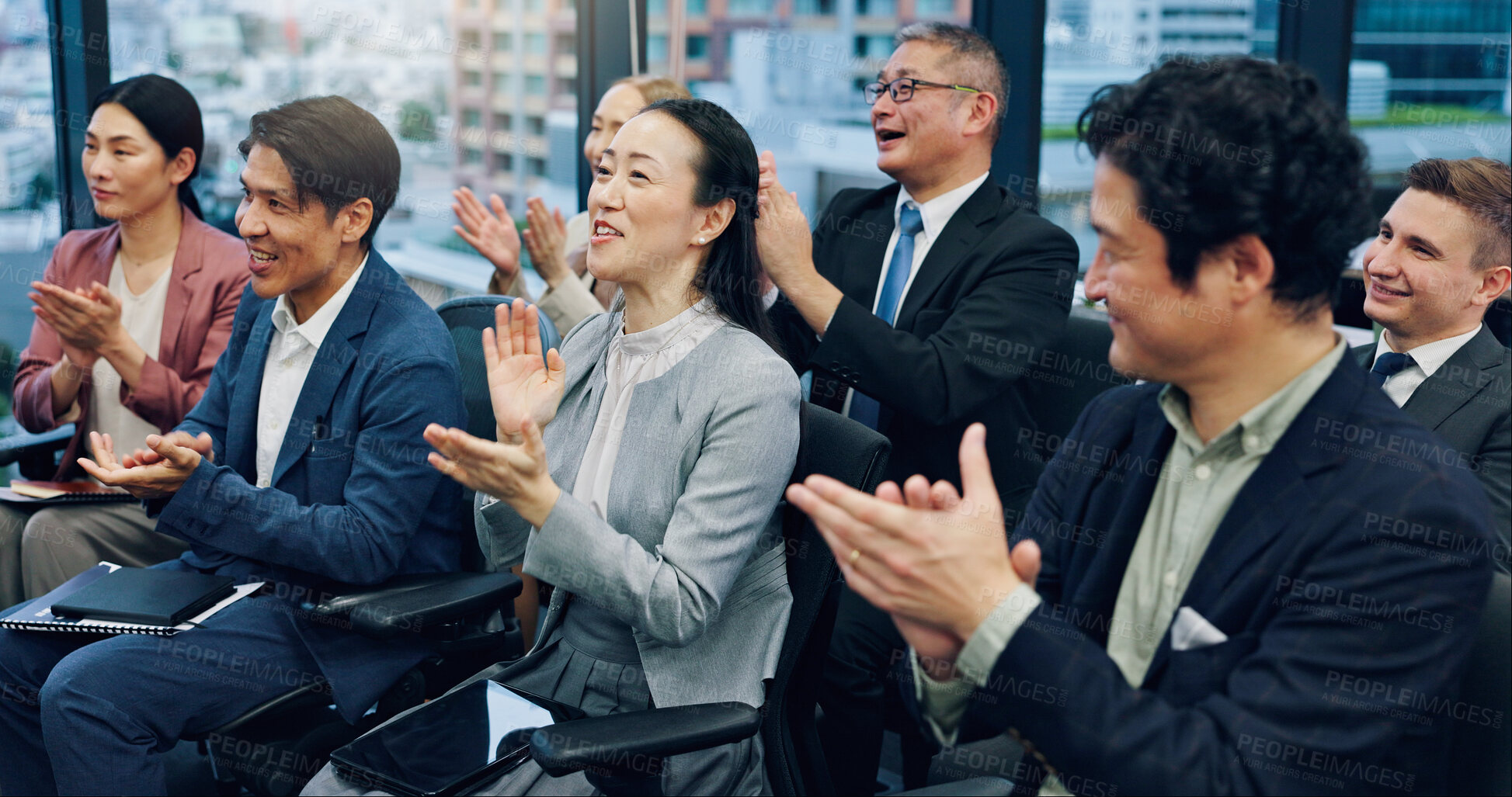 Buy stock photo People, applause or seminar in office for business, achievement or employee training in Japanese company. Corporate staff, meeting or clap in boardroom for development, celebration or merger success