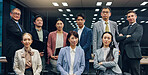 Asian, business people or portrait with confidence for corporate development, about us or community at office. Japan, group or serious employees in team for company growth, job or career at workplace