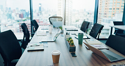Buy stock photo Boardroom, corporate and meeting with empty room in office for seminar, conference and workshop. Window, laptop and notebook for professional in Japan company for planning, training and interior