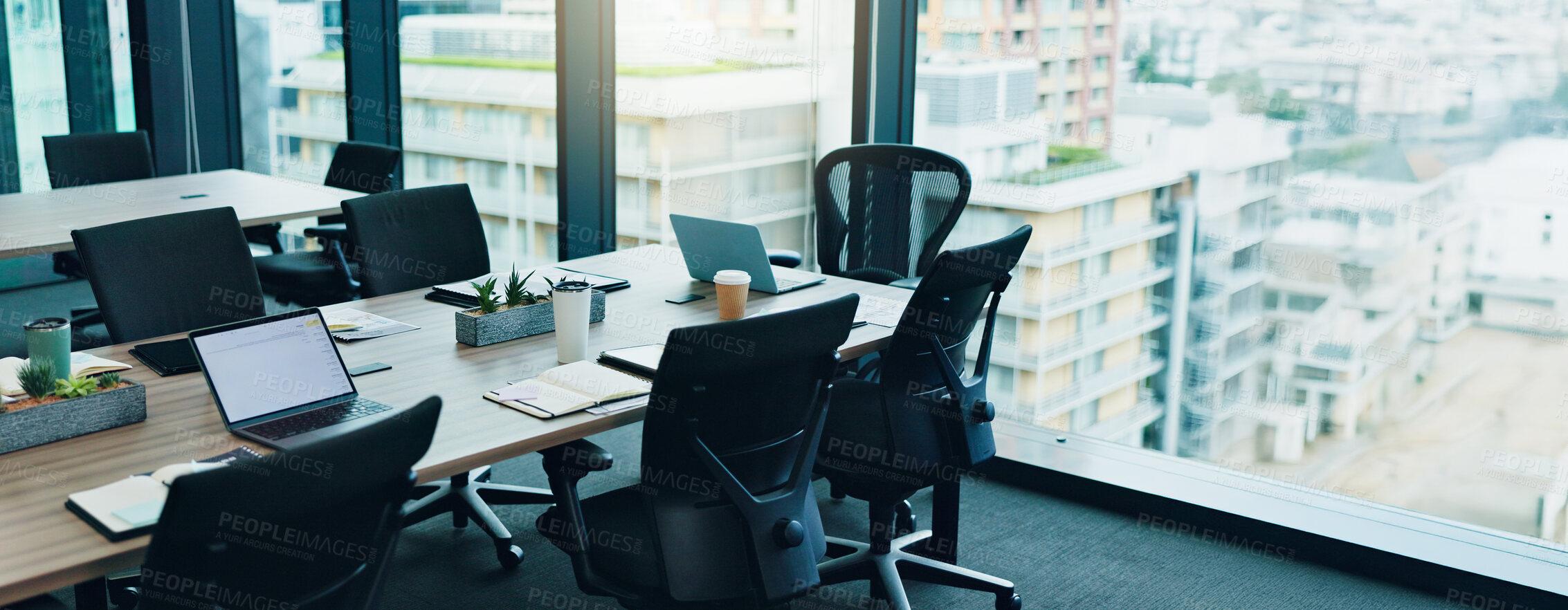 Buy stock photo Empty, notes and chairs by table for conference room, corporate company and meeting boardroom. Vacant, interior furniture and laptop in workplace for planning, business brief and tech agency in Japan