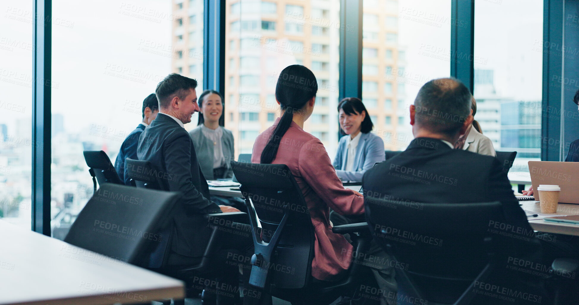 Buy stock photo Employees, finance and office meeting for feedback, communication and teamwork in Japan. Business people, investment report and workplace for briefing, revenue project and brainstorming development