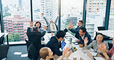 Buy stock photo Applause, celebration and business people in meeting, happiness and cooperation. Employees, Japan and group clapping with success, achievement and cheering for victory, smile and company growth