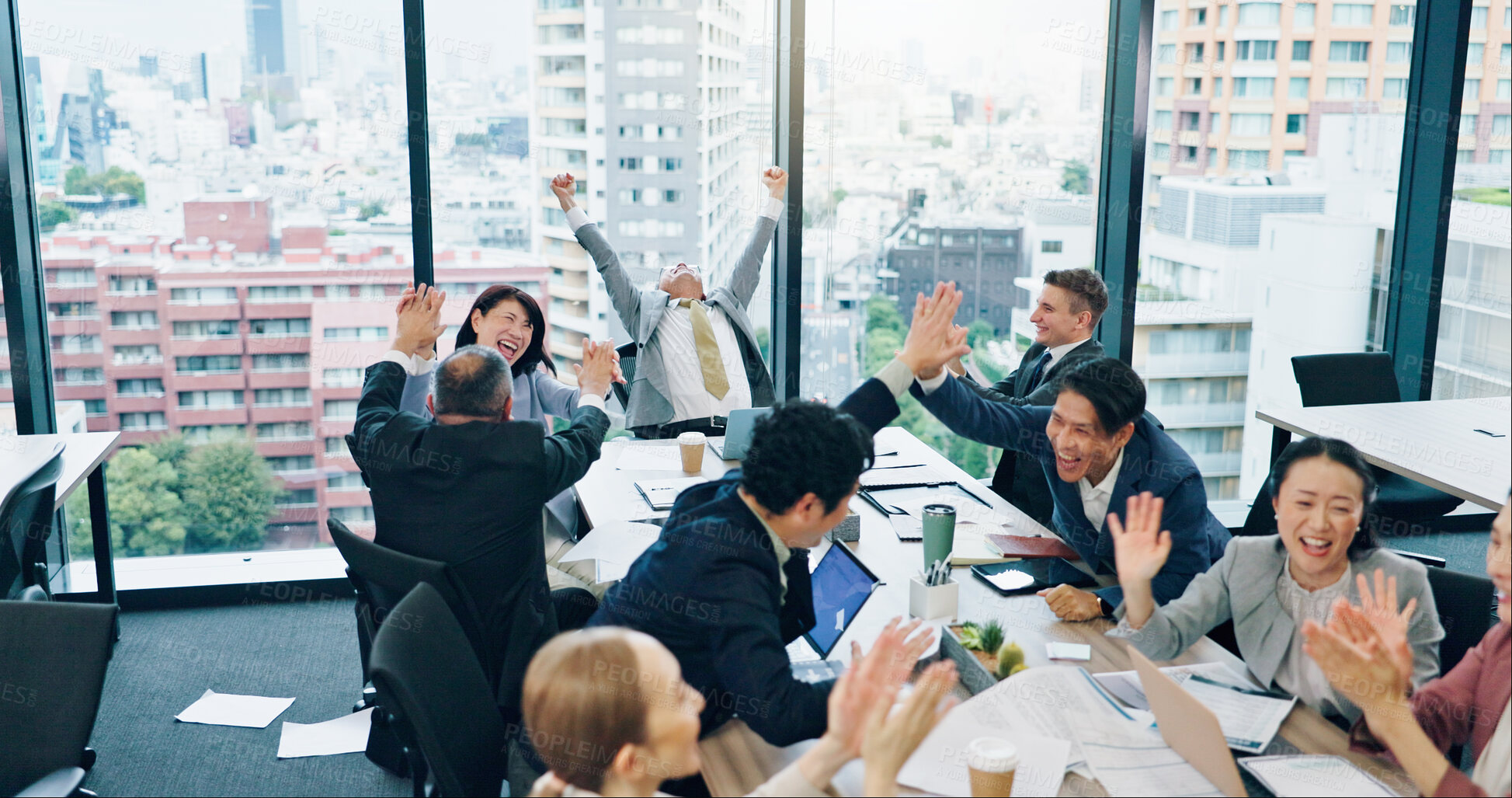 Buy stock photo Applause, celebration and business people in meeting, happiness and cooperation. Employees, Japan and group clapping with success, achievement and cheering for victory, smile and company growth