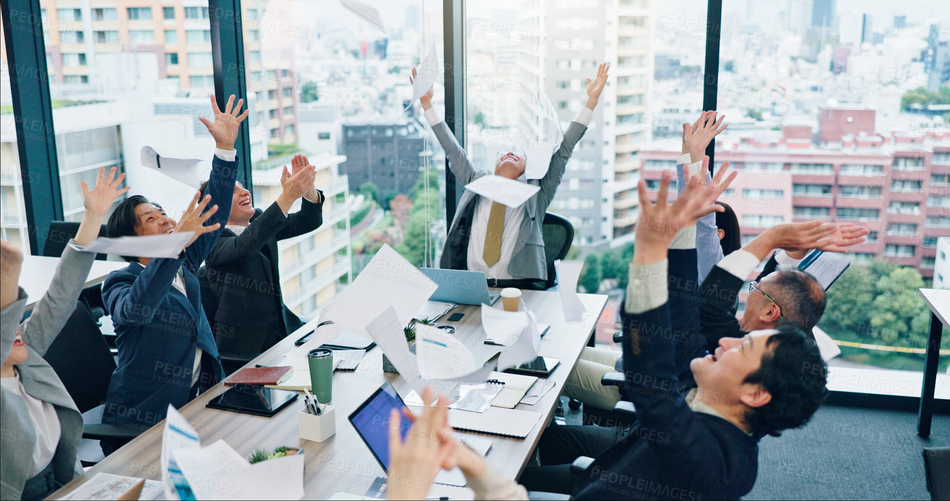 Buy stock photo Cheering, celebration and business people in meeting, teamwork and cooperation. Employees, Japan or group clapping with success, achievement or victory with positive feedback, approval and b2b deal