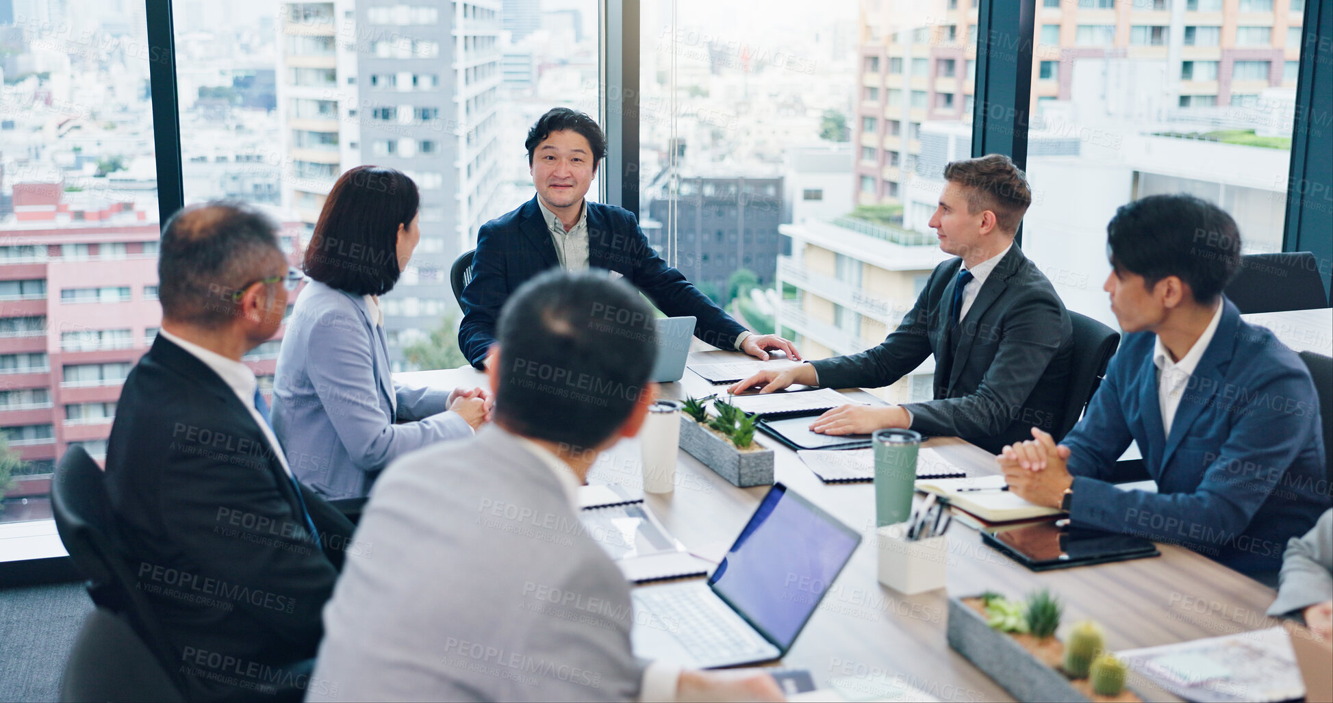 Buy stock photo Employees, finance coworking and office meeting for review, communication and teamwork in Japan. Business people, investment report and workplace for briefing, revenue project and brainstorming