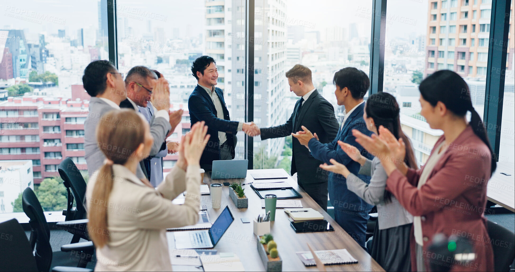 Buy stock photo Business, people and handshake with applause in meeting for investment deal, partnership contract and welcome. Japanese firm, finance staff and clapping hands for merger success and b2b onboarding