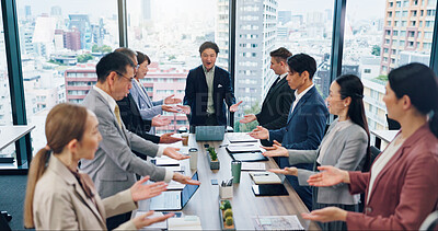 Buy stock photo Man, meeting and business people with open palm in boardroom with team building, synergy or celebration. Leader, staff or group with announcement, excited and together at insurance agency in Japan