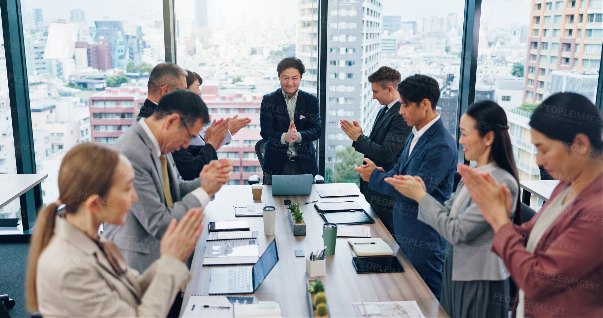 Buy stock photo Bow, greeting and Japanese business people in office for meeting, teamwork and collaboration. Respect, communication and finance team with cultural welcome and thank you for partnership in boardroom.