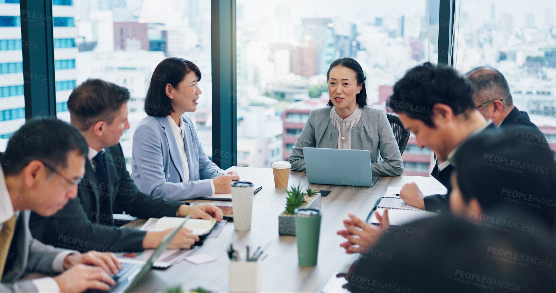 Buy stock photo Employees, manager talking and office meeting for review, communication and teamwork in Japan. Business people, investment report and workplace for finance briefing, revenue project and brainstorming