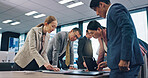 Employees, finance paperwork and office meeting for review, communication and teamwork in Japan. Business people, investment report and workplace for briefing, revenue project and brainstorming