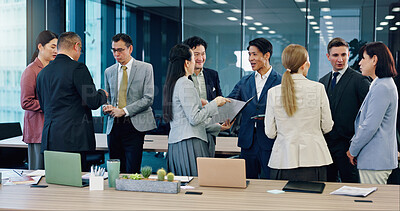 Buy stock photo Employees, networking and business people in office, conversation and planning for project. Group, seminar and clients for international trade, onboarding and negotiation for development or Japan