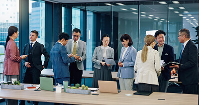 Buy stock photo Japan, networking and business people in office, conversation or planning for onboarding. Employees, seminar or clients for international trade, collaboration or negotiation for development or growth