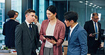 Business people, group and tablet at meeting, discussion or networking at corporate conference in office. Woman, app and app on touchscreen, sign up or talk at leadership workshop for career in Japan