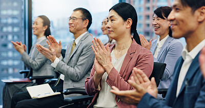 Buy stock photo Business, people and presentation with applause in meeting for investment deal, company sales growth or good news. Japanese firm, finance staff and clapping hands for merger success or b2b onboarding