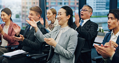 Buy stock photo Business people, applause and audience in office for presentation, achievement or wow in Japanese company. Corporate staff, seminar or clap in boardroom for thank you, promotion or agency improvement