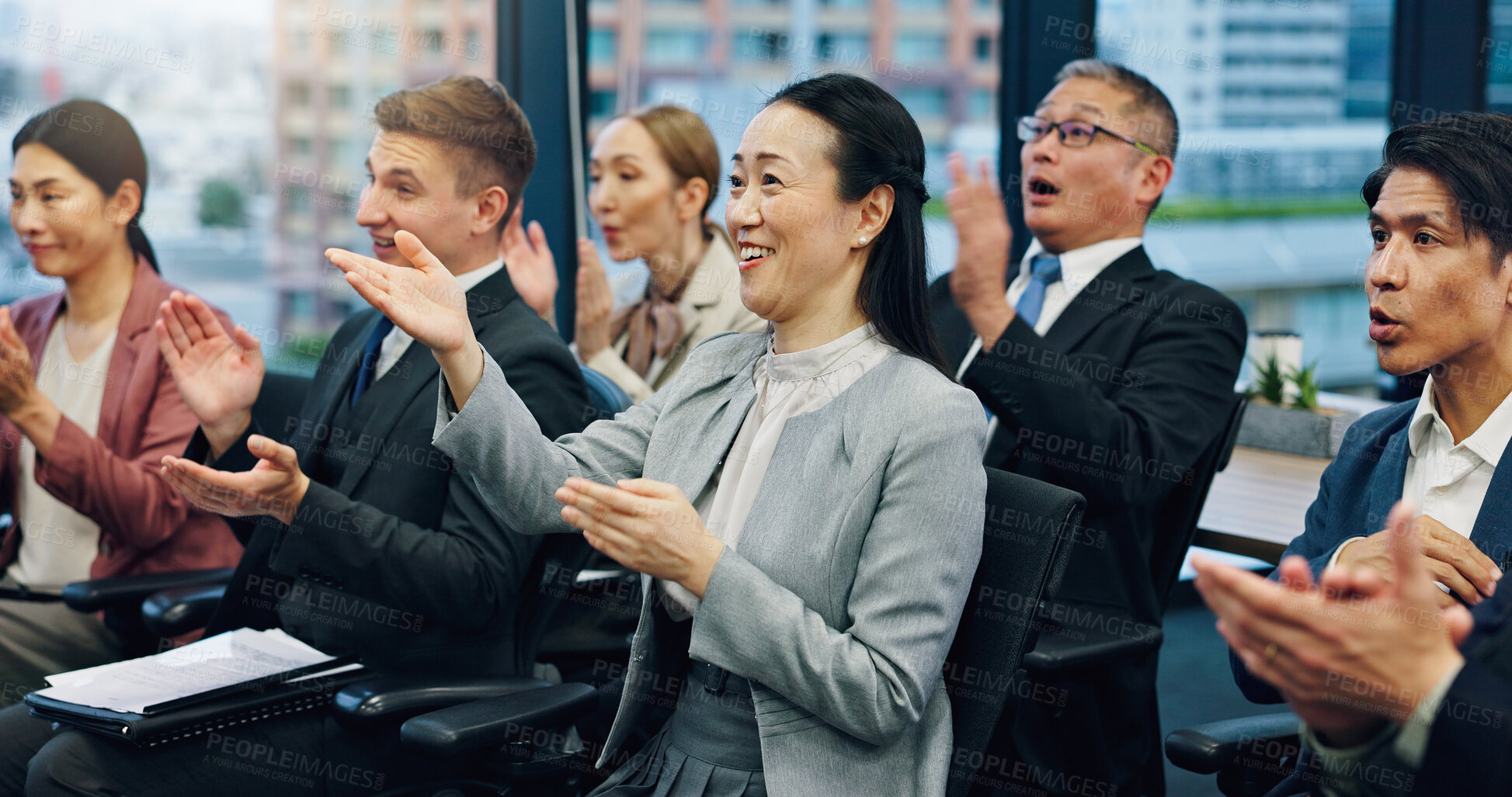 Buy stock photo Business people, applause and audience in office for presentation, achievement or wow in Japanese company. Corporate staff, seminar or clap in boardroom for thank you, promotion or agency improvement