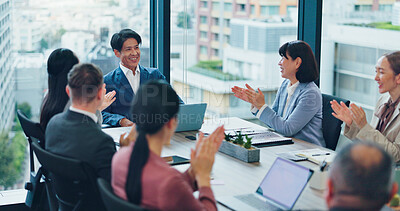 Buy stock photo Business, people and celebration with applause in meeting for company kpi goals, investment contract and support. Japanese firm, finance staff and clapping hands for merger success or b2b opportunity