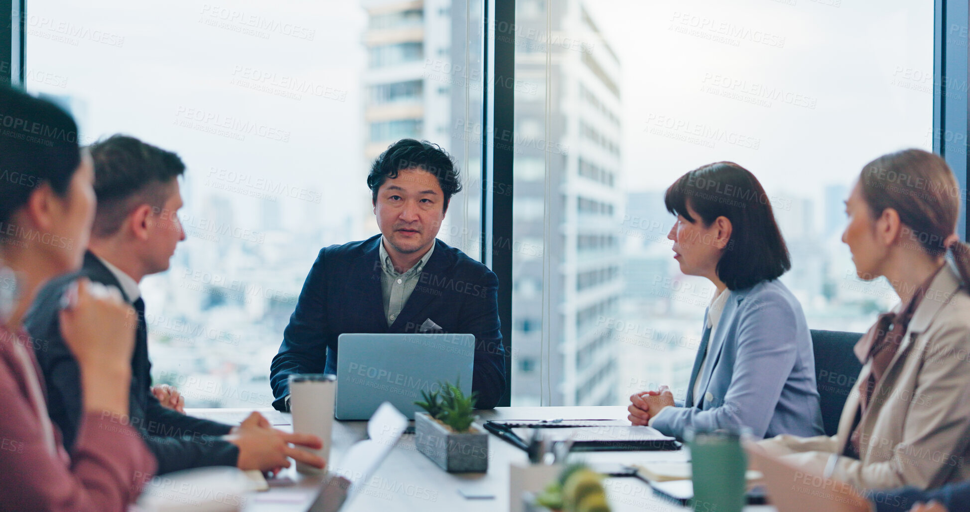 Buy stock photo Employees, man manager and office meeting for review, communication and teamwork in Japan. Business people, investment report and workplace for finance briefing, revenue project and brainstorming