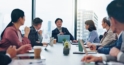 Buy stock photo Employees, man manager and office meeting for finance, communication and teamwork in Japan. Business people, investment report and workplace for file briefing, revenue project and brainstorming