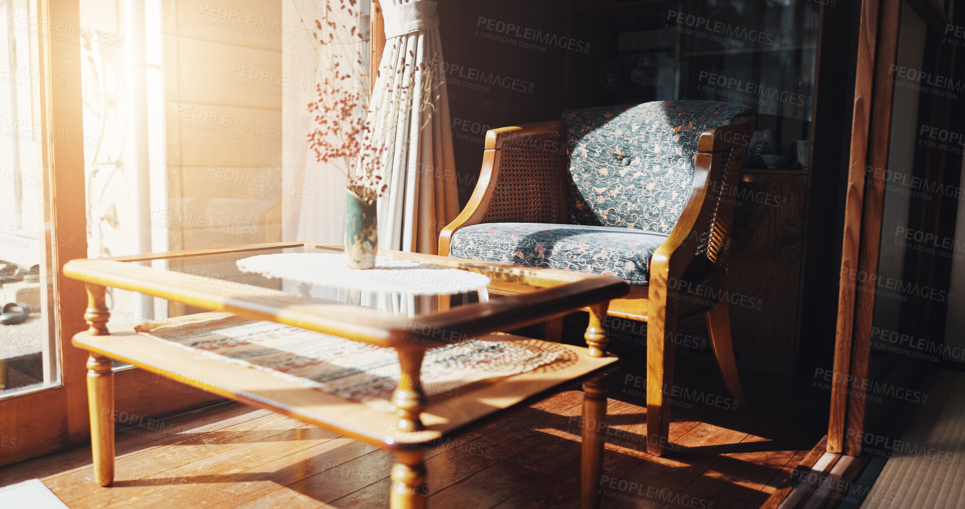 Buy stock photo Japan, table or chair with interior design for home furniture, comfort or living space. Empty, wooden stool or lounge with decor for style, japanese entrance or accommodation for culture or tradition