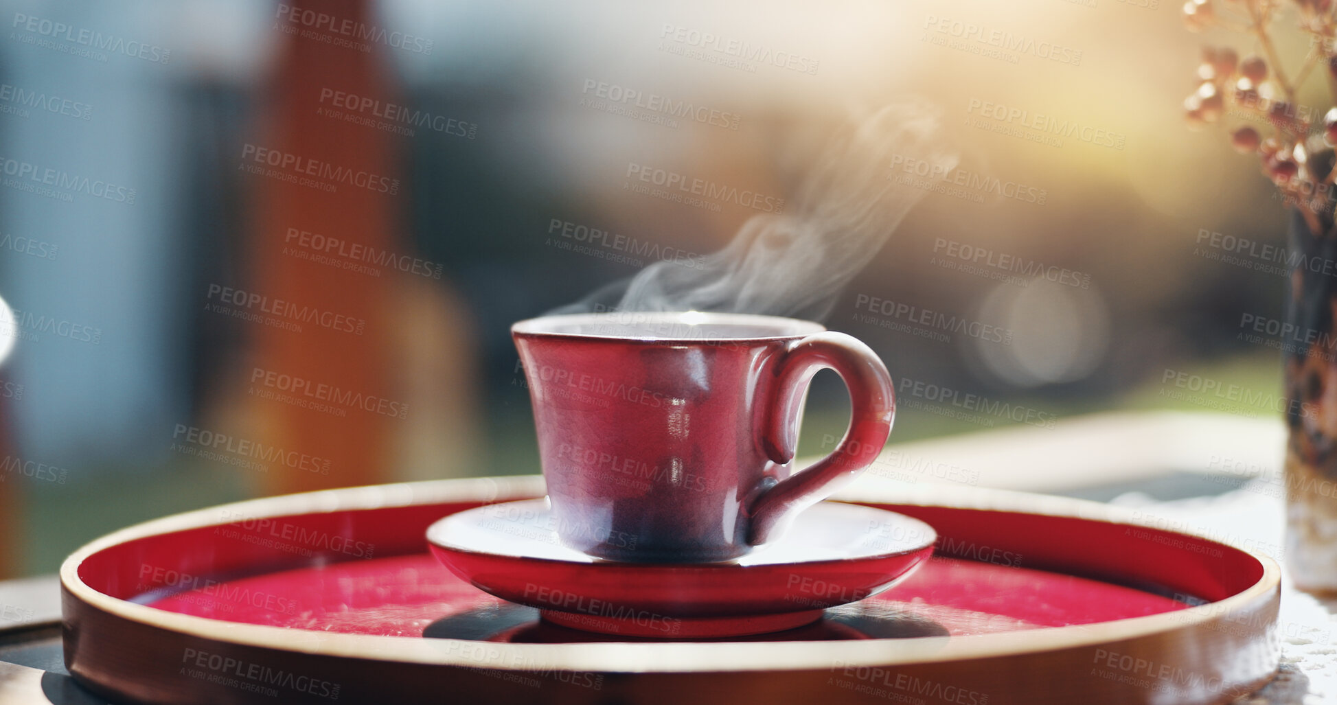 Buy stock photo Steam, morning and cup of tea, home and aroma of Oolong, hot and beverage for health benefits and flavor. Vapor, fresh and breakfast with coffee, warm and kohi with antioxidants, smoke and Japan