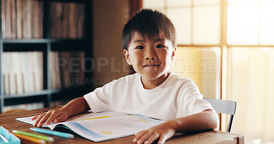 Buy stock photo Portrait, Japanese and child with education at house of homework, drawing talent and creative learning. Smile, boy and notebook for studying, art lesson and sketch with activity of childhood in Japan