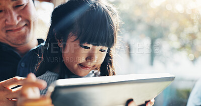 Buy stock photo Father, girl and tablet in home for bonding, playing games or streaming cartoon video with website. Japanese family, kid and dad together with technology for teaching, development or online education