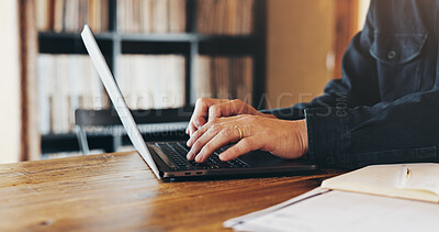 Buy stock photo Hands, person and typing on laptop at house of schedule, finance planning and mortgage application. Worker, online and journal of financial budget, investment feedback and property insurance in Japan