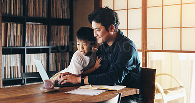 Buy stock photo Man, child and laptop in home for remote work, planning or media in family business. Japanese entrepreneur, son or tech in living room with relationship development, connectivity or support with care