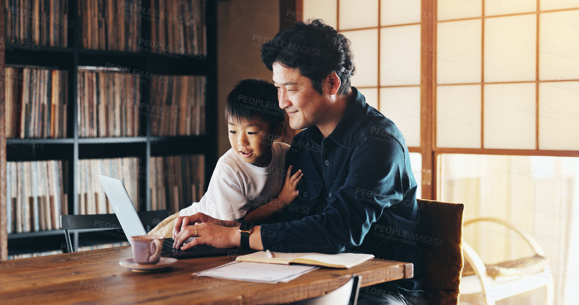 Buy stock photo Man, child and laptop in home for remote work, planning or media in family business. Japanese entrepreneur, son or tech in living room with relationship development, connectivity or support with care