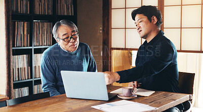 Buy stock photo People, laptop and meeting in home for finance, payment management and advice in retirement. Senior man, Japanese broker or tech in living room for investment feedback, problem solving or budget help