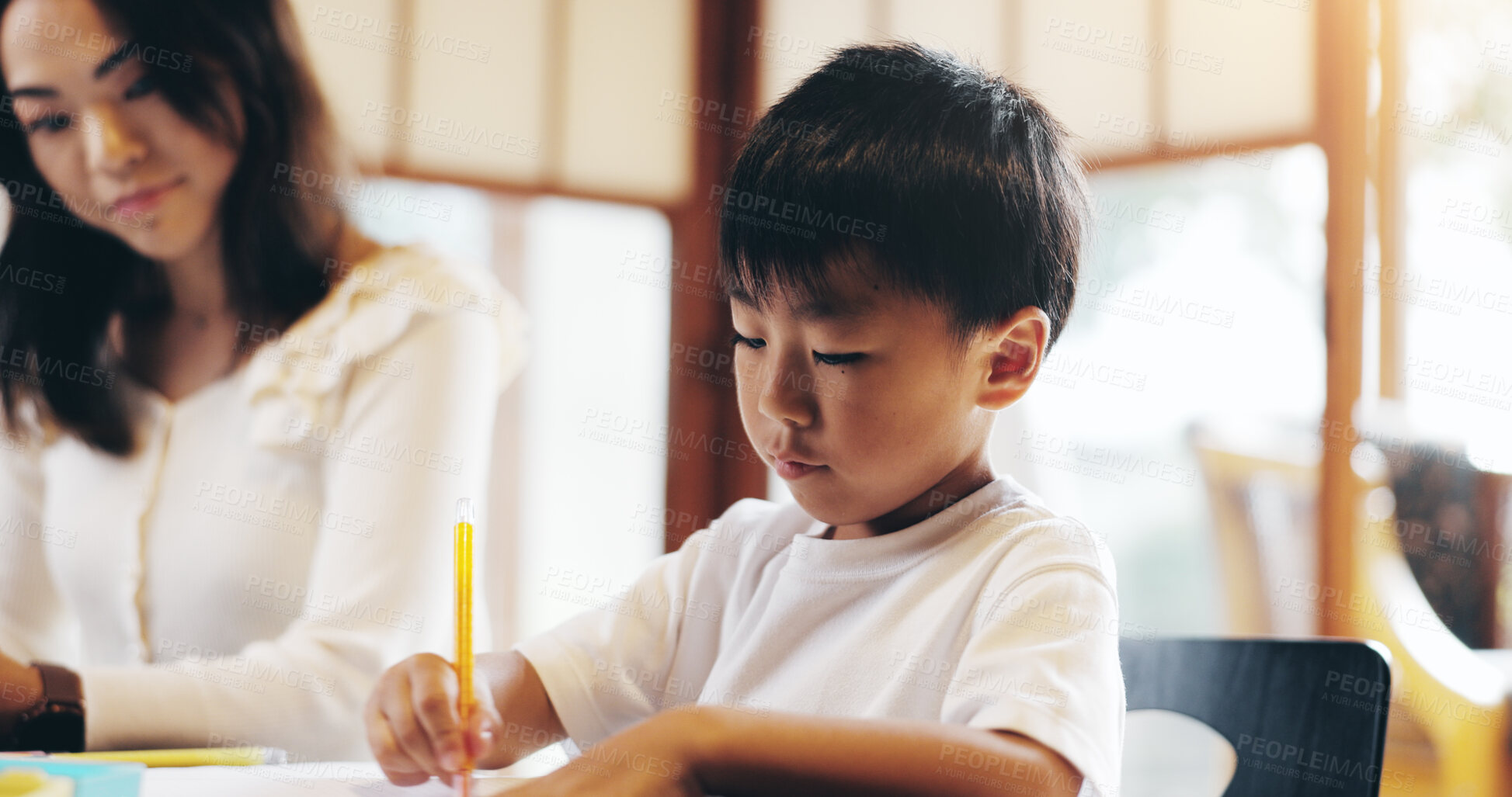 Buy stock photo Mother, child and drawing for education house with art lesson, learning support and creative sketch. Woman, boy and notebook with stationery, studying help and motor skills of talent project in Japan