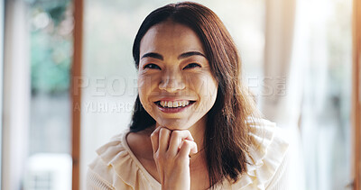 Buy stock photo Japanese, woman and portrait in home with smile, confidence and pride with joy for weekend holiday. House, female person and happy with positive attitude for relax, chill and cheerful in apartment