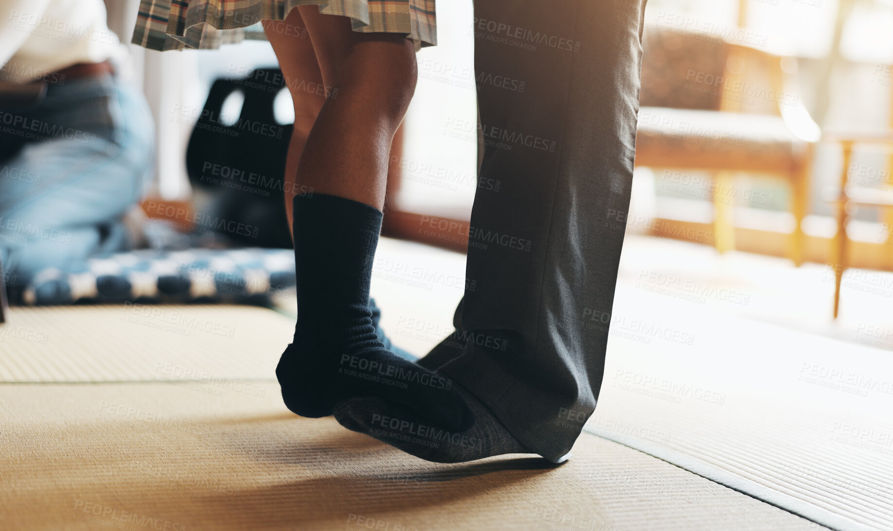 Buy stock photo Feet, dancing and family in home with father, young girl and playing with fun and bonding. Music, balance and socks of people with love, care and support together with rhythm learning in Japan