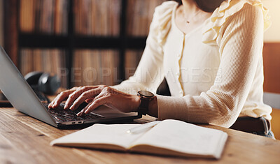 Buy stock photo Hands, woman and typing on laptop at house for schedule, finance planning and mortgage application. Person, online and journal of financial budget, investment feedback and property insurance in Japan