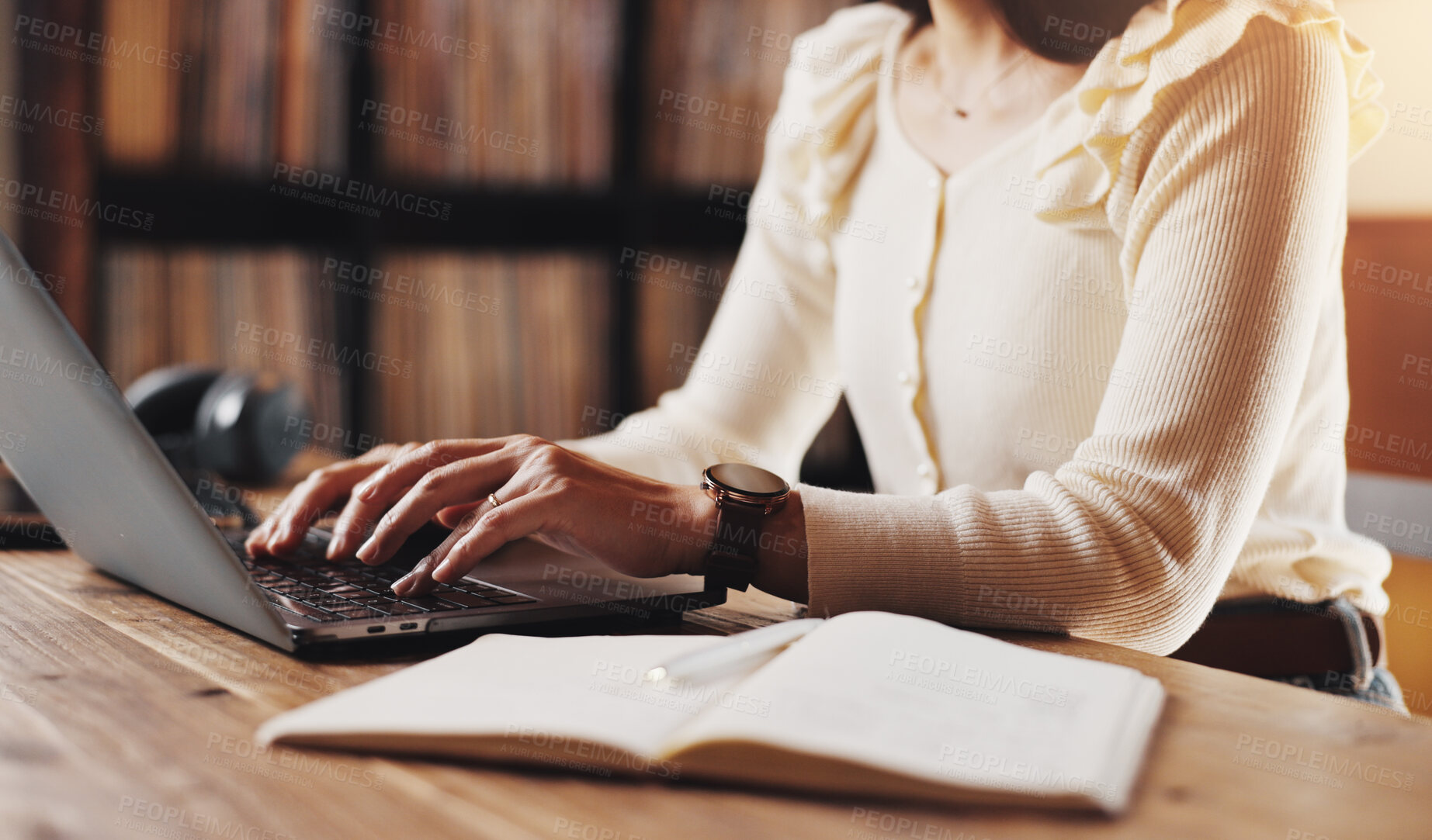 Buy stock photo Hands, woman and typing on laptop at house for schedule, finance planning and mortgage application. Person, online and journal of financial budget, investment feedback and property insurance in Japan