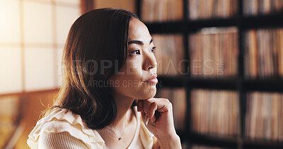 Buy stock photo Thinking, serious and Asian woman in home, creative and writer with inspiration, ideas and remember. House, contemplating and planning for self publishing, entrepreneur or mindset for future in Japan