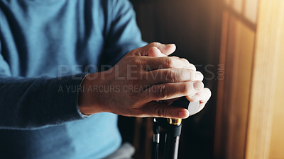 Buy stock photo Old man, hands and walking stick for mobility support, arthritis and injury recovery with senior care. Health, patient and closeup of cane for balance, house and assistance with movement in Japan