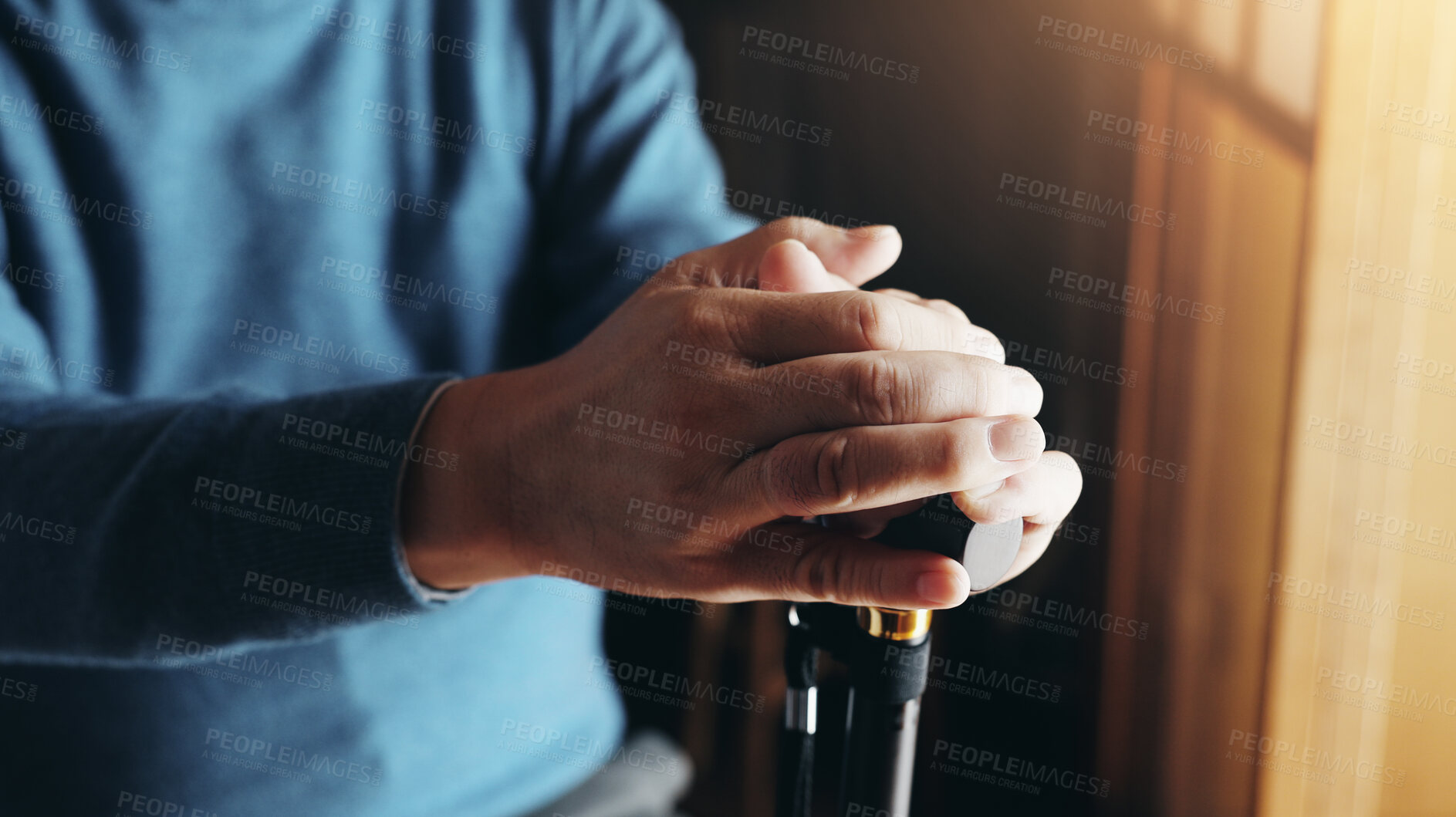 Buy stock photo Old man, hands and walking stick for mobility support, arthritis and injury recovery with senior care. Health, patient and closeup of cane for balance, house and assistance with movement in Japan