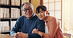 Love, retirement and portrait with senior couple in home together for bonding, relationship or romance. Happy, hug or smile with old Japanese man and woman in apartment to relax for wellness