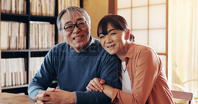 Buy stock photo Love, retirement and portrait with senior couple in home together for bonding, relationship or romance. Happy, hug or smile with old Japanese man and woman in apartment to relax for wellness