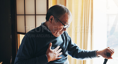 Buy stock photo House, heart attack and senior man with walking stick, pain and medical with asthma. Japanese person, apartment and pensioner with cane, anxiety and emergency with breathing, stress and cardiology