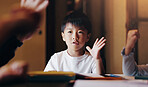 Education, count help and home school with kid, notebook and growth from homework. Parent, sketch and Japanese boy with hand gesture, studying and lounge with youth learning and knowledge at table