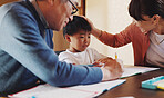 Homework, family and help with boy, books and education with knowledge, studying and writing. Apartment, mother and father with ideas, child development and support with growth, learning and Japan