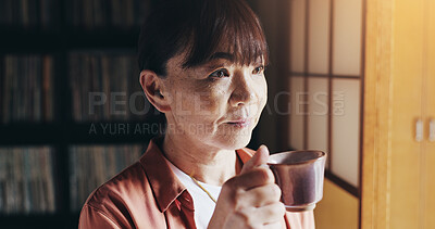 Buy stock photo Morning, thinking and mature woman with tea, home and aroma of Oolong, hot and drink for health benefits. Contemplating, flavor and Asian person with coffee, warm and kohi with antioxidants in Japan