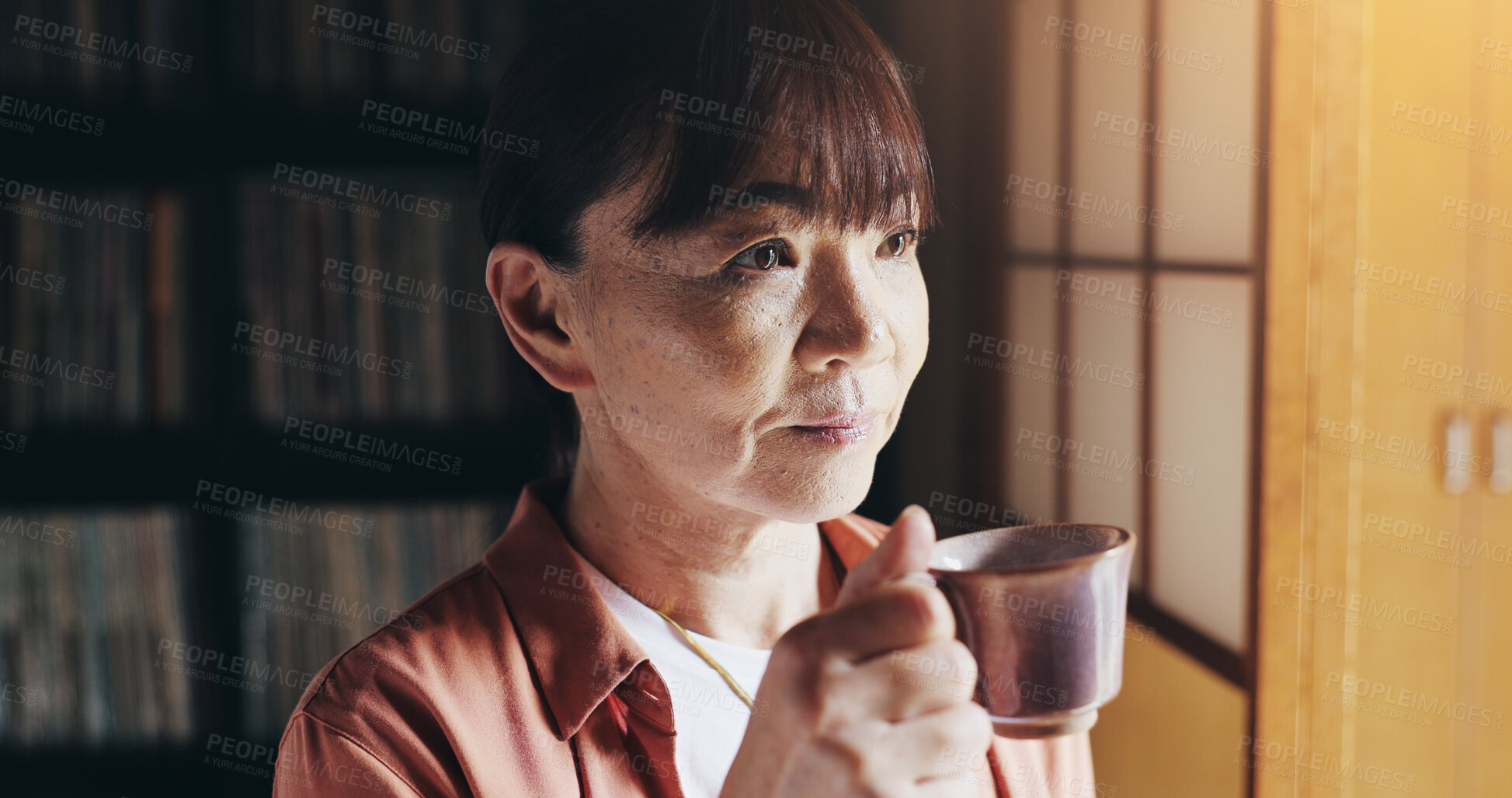 Buy stock photo Morning, thinking and mature woman with tea, home and aroma of Oolong, hot and drink for health benefits. Contemplating, flavor and Asian person with coffee, warm and kohi with antioxidants in Japan