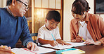 Homework, family and parents with boy, books and education with knowledge, help and writing. Apartment, mother and kid with ideas, child development and support with growth, studying and Japan